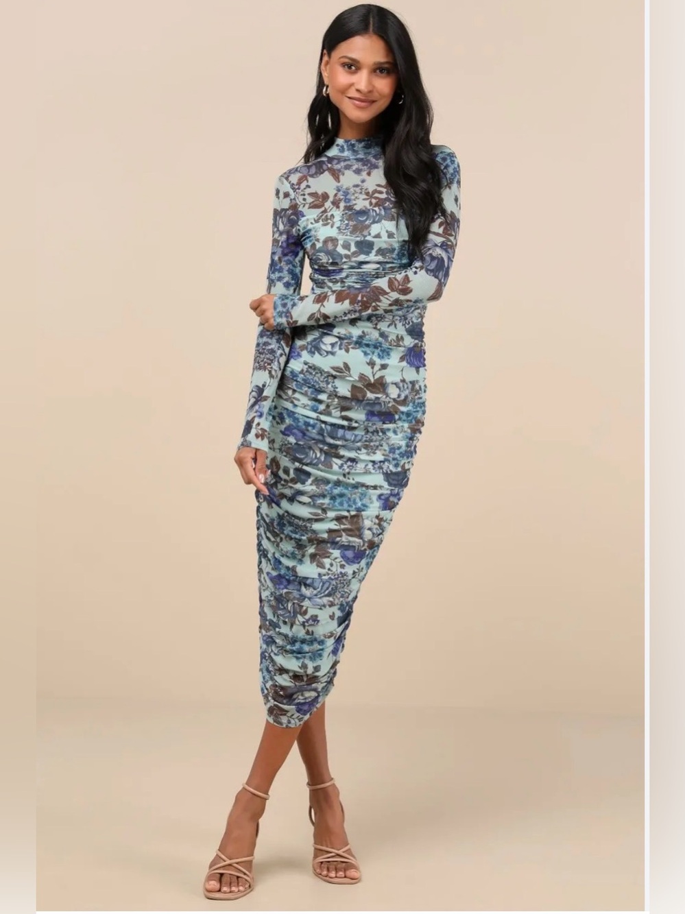 Lulu's Sage Floral Ruched Long Sleeve Maxi Dress